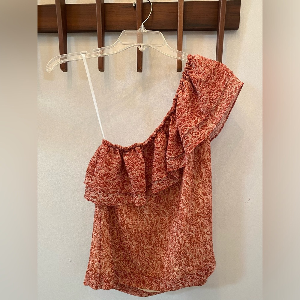 Sezane Burnt Orange and Cream Paisley One Shoulder Shirt with Flowers Size 36